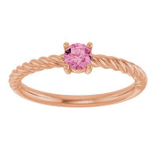 14K Rose 4 mm Natural Pink Tourmaline Solitaire Rope Ring