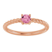 14K Rose 4 mm Natural Pink Tourmaline Solitaire Rope Ring
