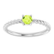 14K White 4 mm Natural Peridot Solitaire Rope Ring