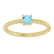 14K Yellow 4 mm Natural Aquamarine Solitaire Rope Ring