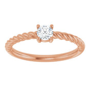 14K Rose 4 mm Natural White Sapphire Solitaire Rope Ring