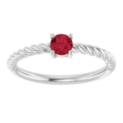14K White 4 mm Lab-Grown Ruby Solitaire Rope Ring