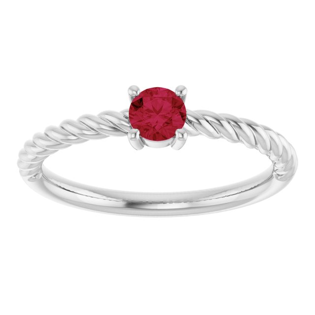 14K White 4 mm Lab-Grown Ruby Solitaire Rope Ring