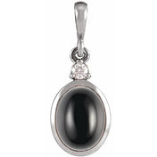 14K White 10x8 mm Natural Black Onyx & .03 CT Natural Diamond Cabochon Pendant