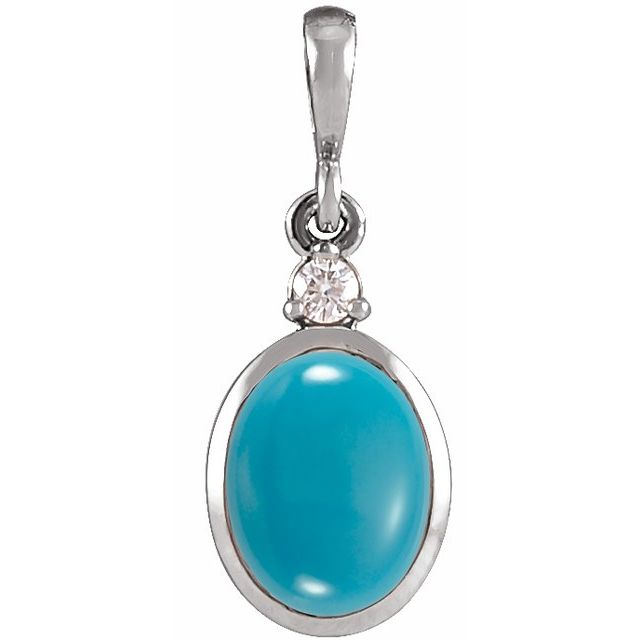 14K White 12x10 mm Natural Turquoise & .03 CT Natural Diamond Cabochon Pendant