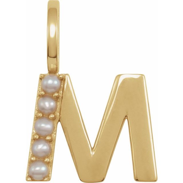 14K Yellow Gold Cultured White Freshwater Pearl Initial M Charm/Pendant