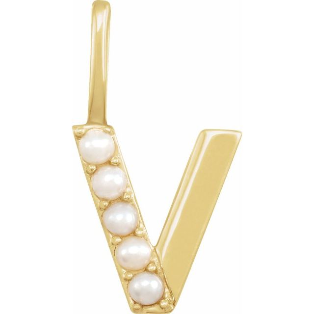 14K Yellow Gold Cultured White Freshwater Pearl Initial V Charm/Pendant