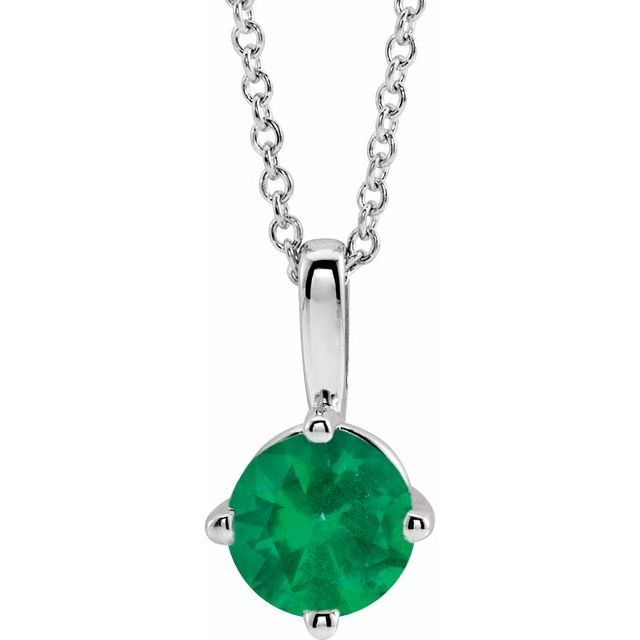 Sterling Silver 5 mm Lab-Grown Emerald Solitaire 16-18" Necklace