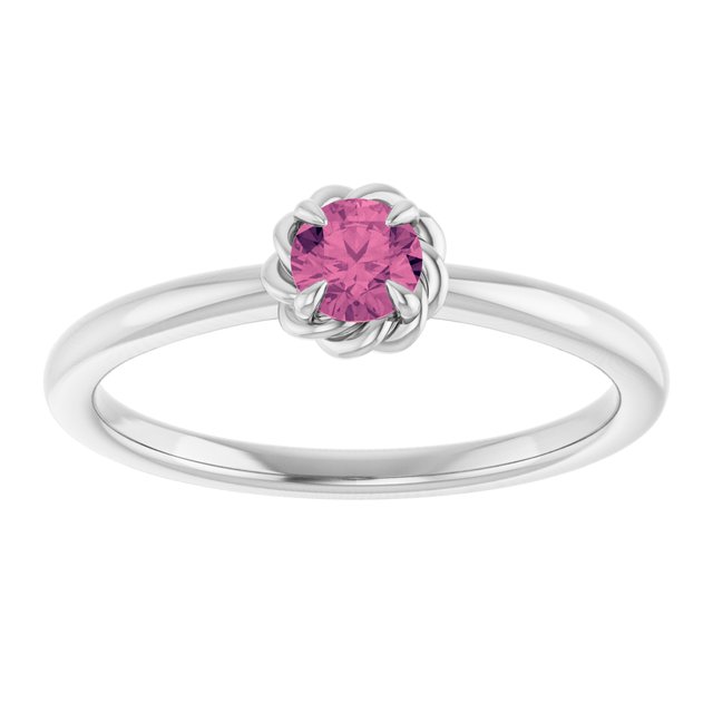 14K White Natural Pink Tourmaline Solitaire Rope Ring
