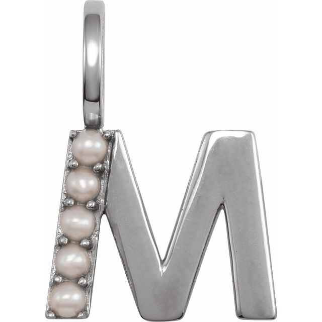 14K White Cultured White Freshwater Pearl Initial M Charm/Pendant