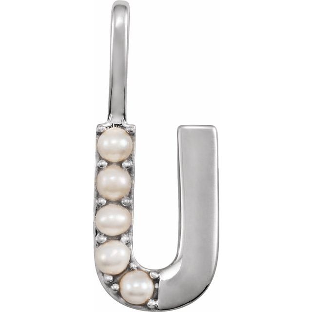 14K White Cultured White Freshwater Pearl Initial U Charm/Pendant