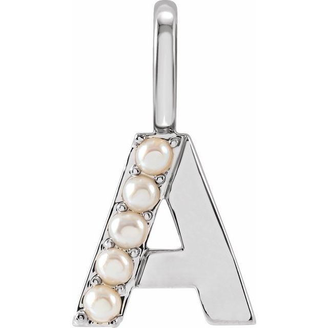 14K White Cultured White Freshwater Pearl Initial A Charm/Pendant