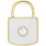 14K Yellow .035 CT Natural  Diamond & White Enamel Lock Charm/Pendant