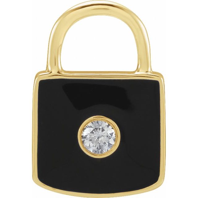 14K Yellow .035 CT Natural  Diamond & Black Enamel Lock Charm/Pendant