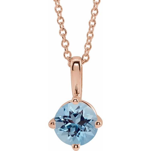 14K Rose 4 mm Natural Aquamarine Solitaire 16-18" Necklace