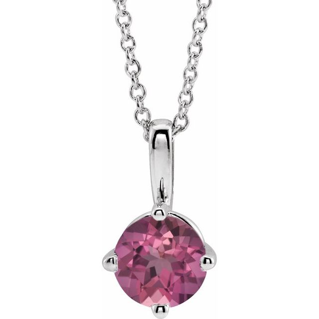 Sterling Silver 4 mm Natural Pink Tourmaline Solitaire 16-18" Necklace