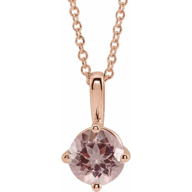 14K Rose 5 mm Natural Pink Morganite Solitaire 16-18" Necklace