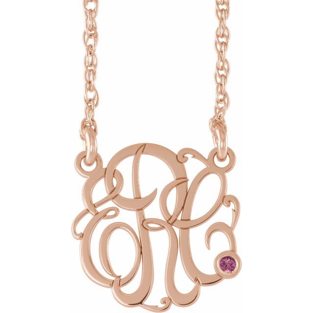 14K Rose Gold-Plated Sterling Silver 30 mm 3-Initial Imitation Pink Tourmaline Script Monogram Necklace