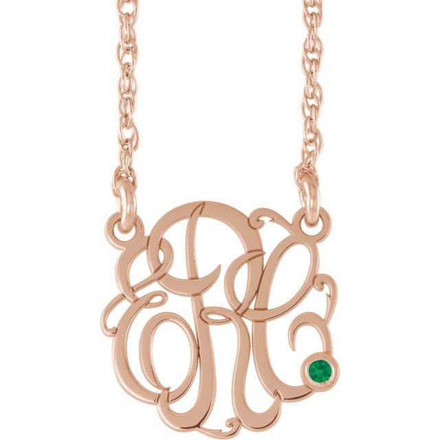 14K Rose Gold-Plated Sterling Silver 20 mm 3-Initial Imitation Emerald Script Monogram Necklace
