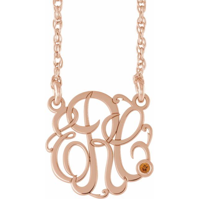 14K Rose Gold-Plated Sterling Silver 20 mm 3-Initial Imitation Citrine Script Monogram Necklace