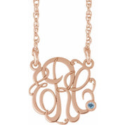 14K Rose Gold-Plated Sterling Silver 20 mm 3-Initial Imitation Aquamarine Script Monogram Necklace