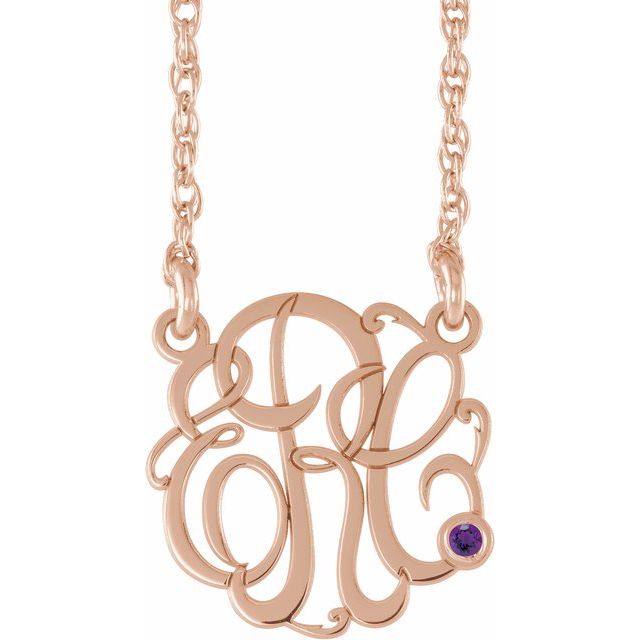 14K Rose Gold-Plated Sterling Silver 20 mm 3-Initial Imitation Amethyst Script Monogram Necklace