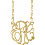 10K Imitation Peridot Script Monogram Necklace with 2 or 3 Initials in Various Sizes