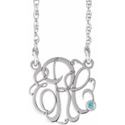 10K Imitation Blue Zircon Script Monogram Necklace with 2 or 3 Initials, 15 mm