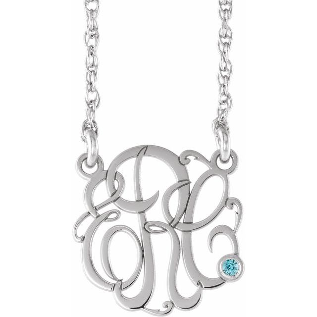 10K Imitation Blue Zircon Script Monogram Necklace with 2 or 3 Initials, 15 mm