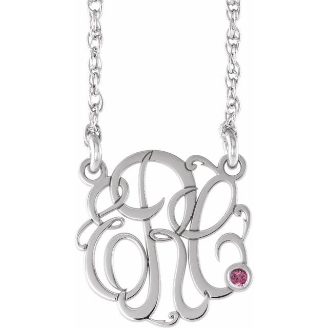 Rhodium-Plated Sterling Silver 20 mm 3-Initial Imitation Pink Tourmaline Script Monogram Necklace