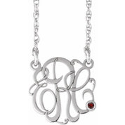 Rhodium-Plated Sterling Silver 25 mm 3-Initial Imitation Garnet Script Monogram Necklace