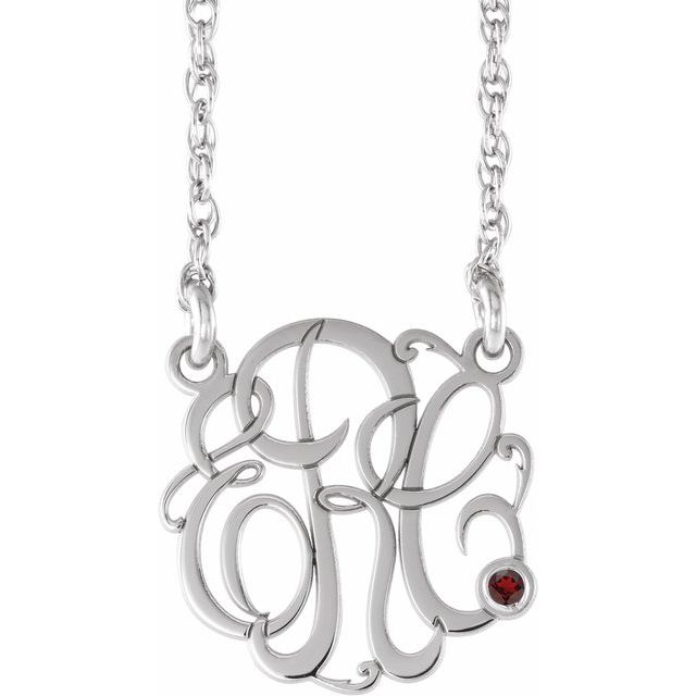 Rhodium-Plated Sterling Silver 25 mm 3-Initial Imitation Garnet Script Monogram Necklace