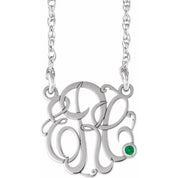 Rhodium-Plated Sterling Silver 20 mm 3-Initial Imitation Emerald Script Monogram Necklace
