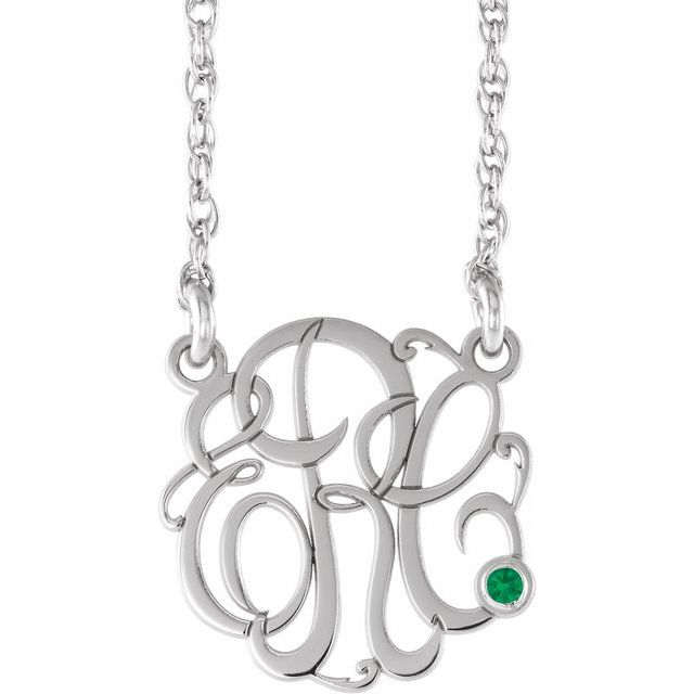 Rhodium-Plated Sterling Silver 20 mm 3-Initial Imitation Emerald Script Monogram Necklace