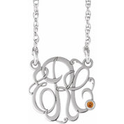 Rhodium-Plated Sterling Silver 20 mm 3-Initial Imitation Citrine Script Monogram Necklace