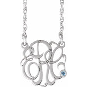 Rhodium-Plated Sterling Silver 20 mm 3-Initial Imitation Aquamarine Script Monogram Necklace