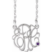 Rhodium-Plated Sterling Silver 20 mm 3-Initial Imitation Amethyst Script Monogram Necklace