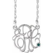 Rhodium-Plated Sterling Silver 20 mm 3-Initial Imitation Alexandrite Script Monogram Necklace