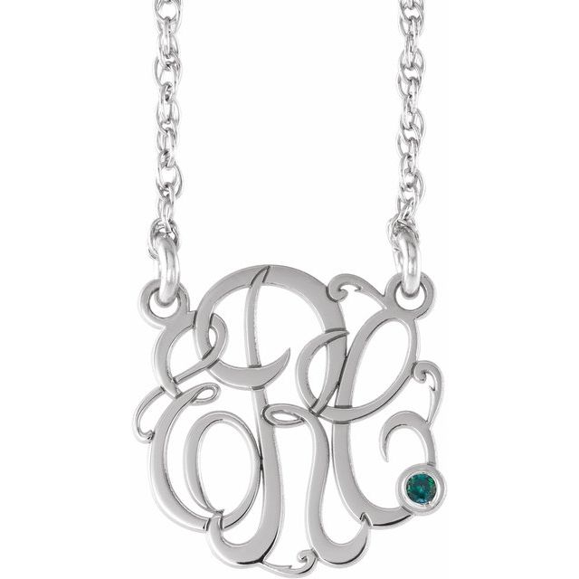 Rhodium-Plated Sterling Silver 20 mm 3-Initial Imitation Alexandrite Script Monogram Necklace