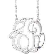 Rhodium-Plated Sterling Silver 20 mm 2-Initial Imitation Tanzanite Script Monogram Necklace
