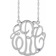 Rhodium-Plated Sterling Silver 20 mm 3-Initial Imitation Tanzanite Script Monogram Necklace