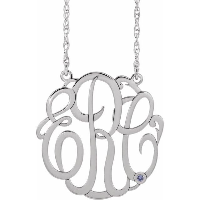 Rhodium-Plated Sterling Silver 20 mm 3-Initial Imitation Tanzanite Script Monogram Necklace