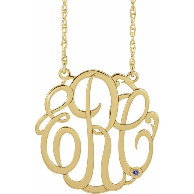 10K Imitation Tanzanite Script Monogram Necklace with 2 or 3 Initials in Multiple Sizes
