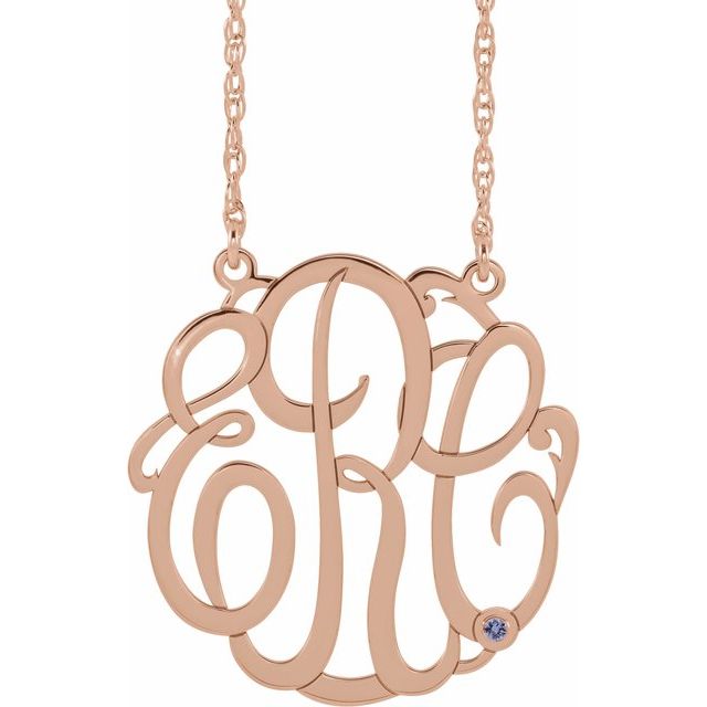 14K Rose Gold-Plated Sterling Silver 30 mm 3-Initial Imitation Tanzanite Script Monogram Necklace