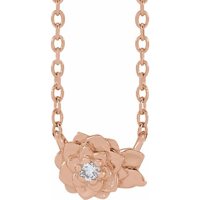 14K .015 CT Natural Diamond Flower Necklace 16-18" Adjustable Chain