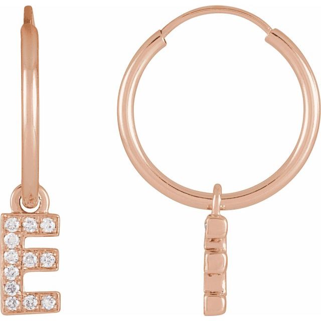 14K Rose .04 CTW Natural Diamond Single Initial E Hoop Earring