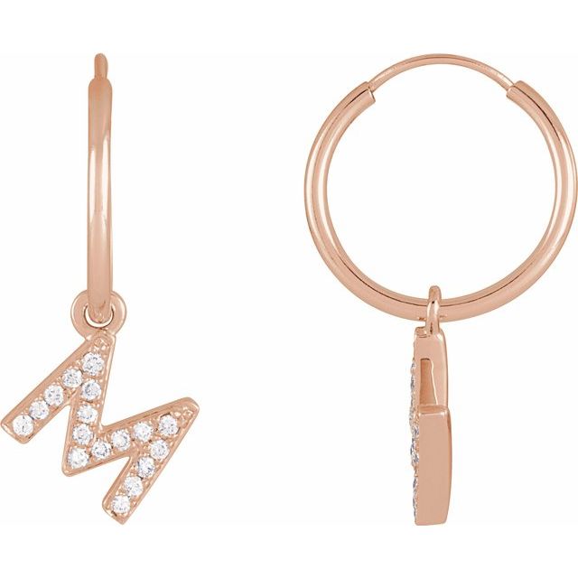 14K Rose .06 CTW Natural Diamond Single Initial M Hoop Earring