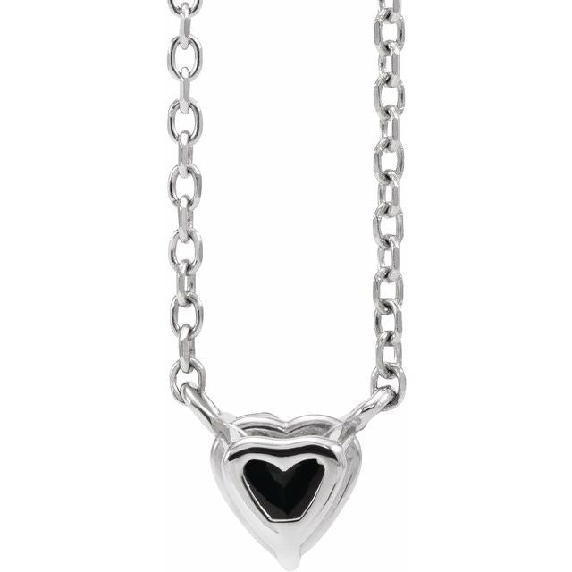 14K White Natural Black Onyx Heart 16-18" Necklace