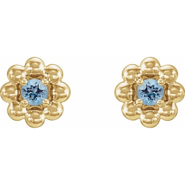 14K Yellow Natural Aquamarine Petite Flower Beaded Earrings
