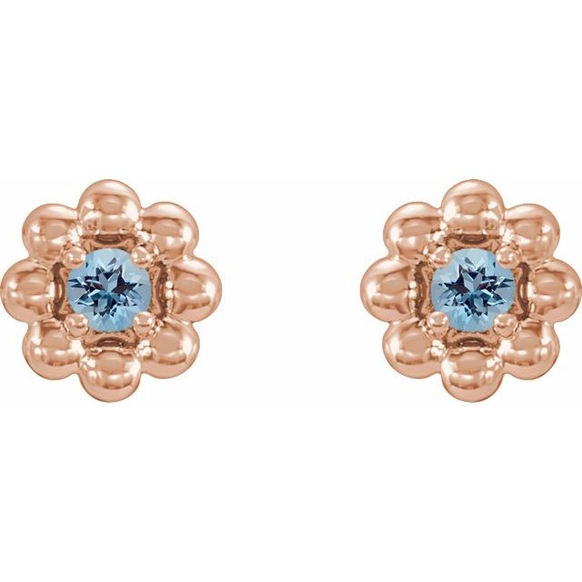14K Rose Natural Aquamarine Petite Flower Beaded Earrings
